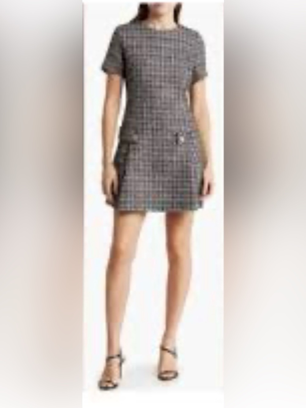 MELLODAY Tweed Mini Dress Black White Gold Button Detail Short Sleeve XS